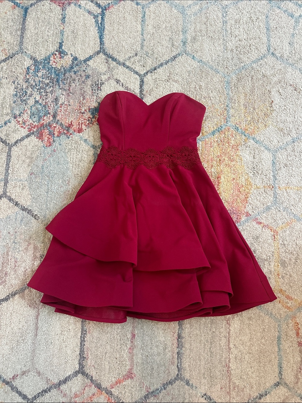 B Darlin Strapless Burgundy Party Dress with Lace Waistband